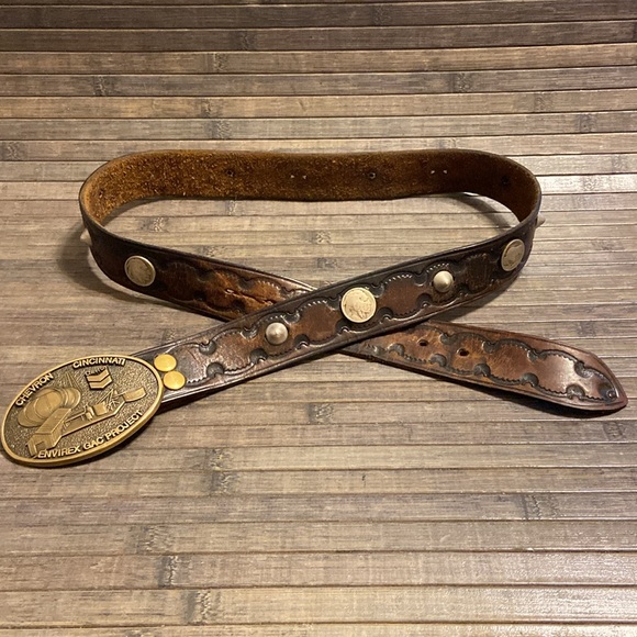 Vintage 1981 Octanner Chevron Brass Belt Buckle With Leather Buffalo Nickel Coin - Picture 3 of 8